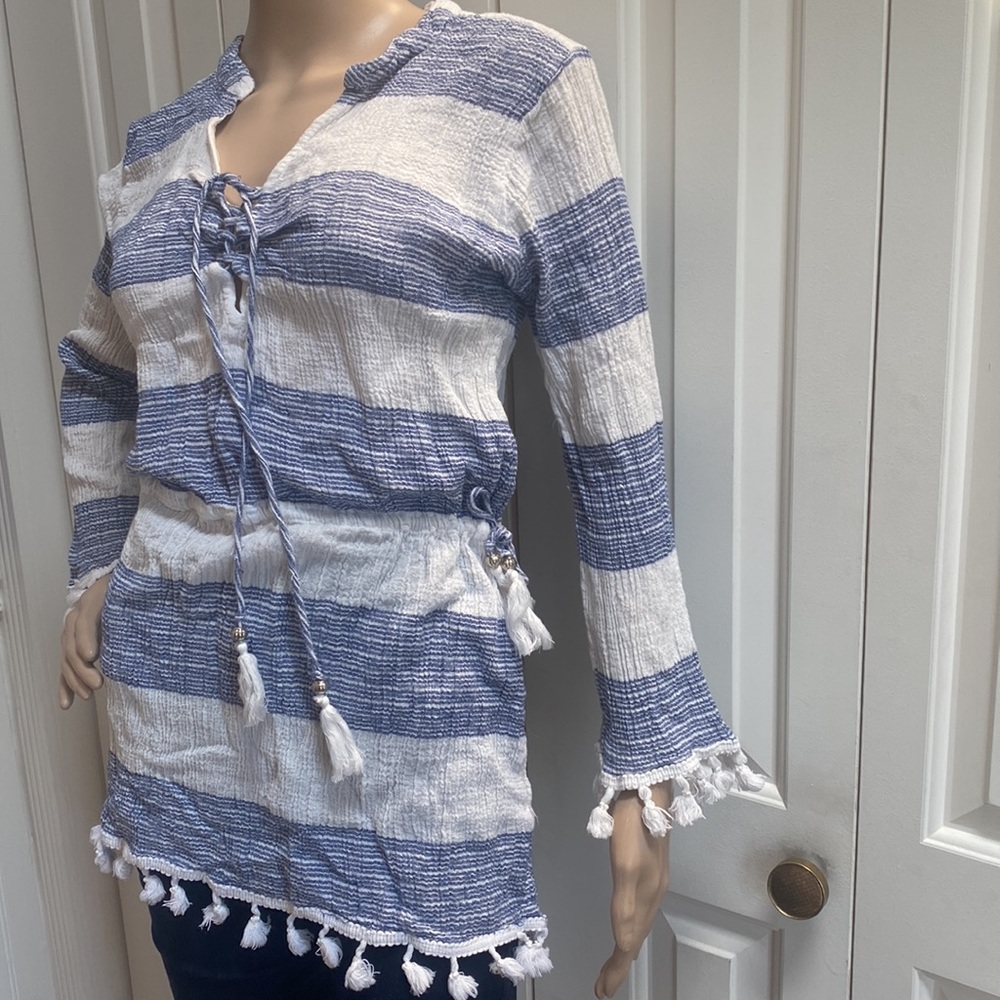 Blue Island Womens L Boho Fringe Long Sleeve Top. Blue and White stripes. - Picture 3 of 12